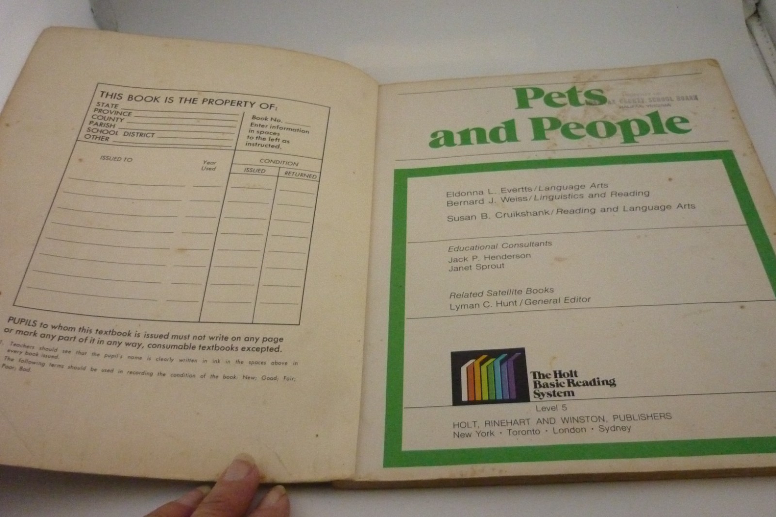 1977 Pets And People Holt Basic Reading System Level 5 School Reader Book