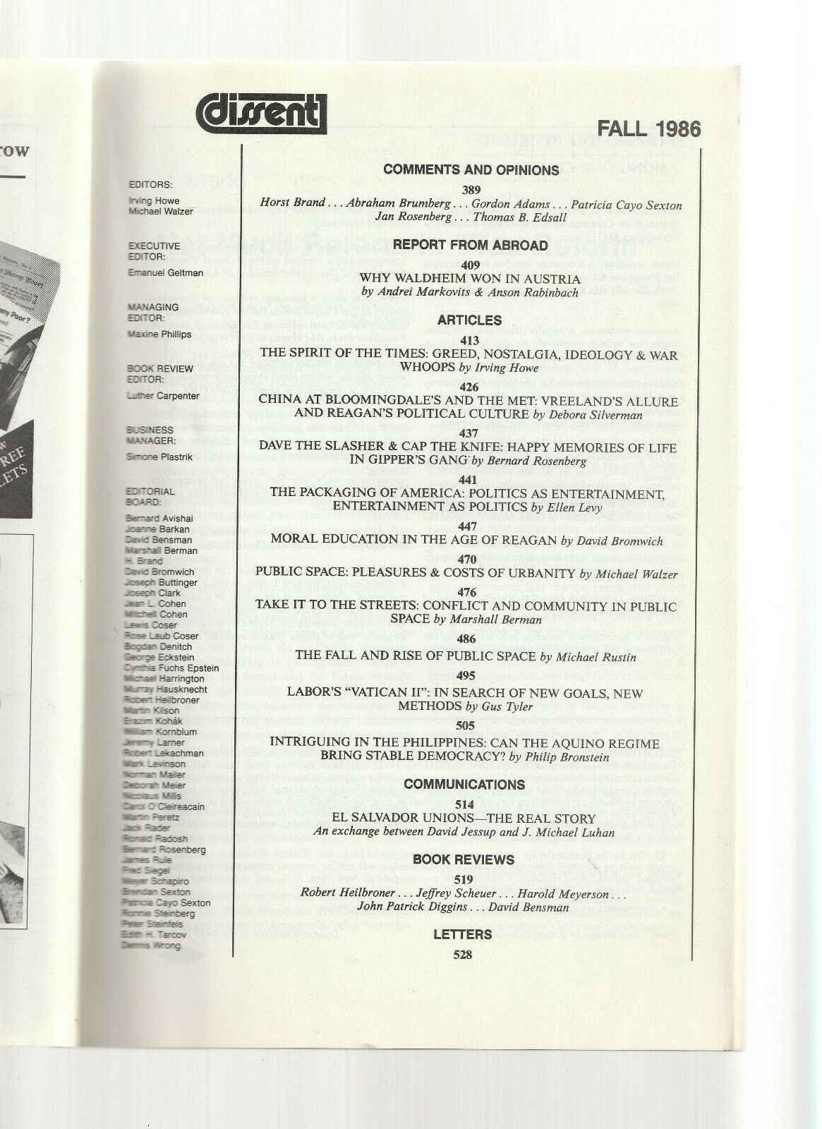 DISSENT MAGAZINE. FALL 1986