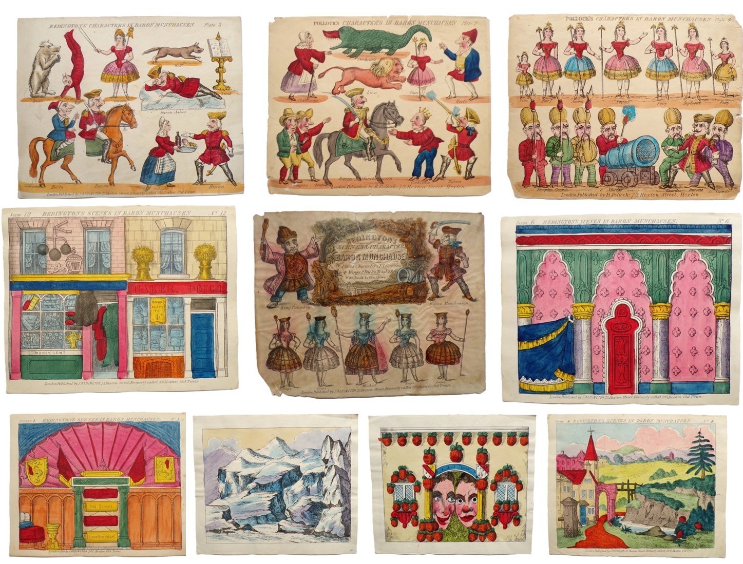 circa 1870s BARON MUCHAUSEN Pollock’s & Redington’s TOY THEATRE ten sheets