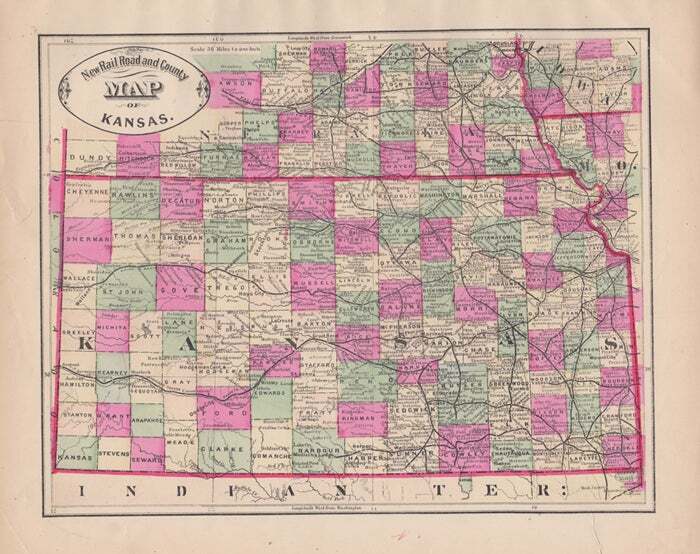 George F Cram: New Rail Road and County Map of Kansas, ca. 1882. Hand-colored.