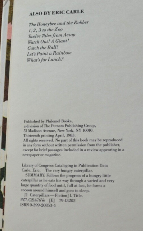 VINTAGE THE VERY HUNGRY CATERPILLAR by ERIC CARLE 1983 printing