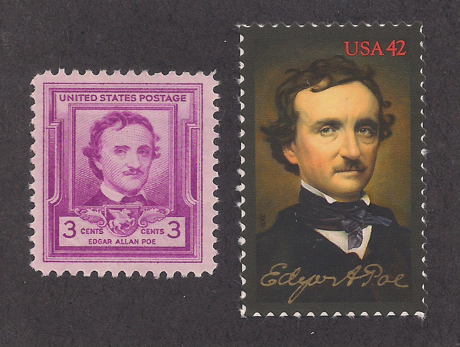 EDGAR ALLAN POE – 2 U.S. POSTAGE STAMPS – ISSUED IN 1949 & 2009 – MINT CONDITION