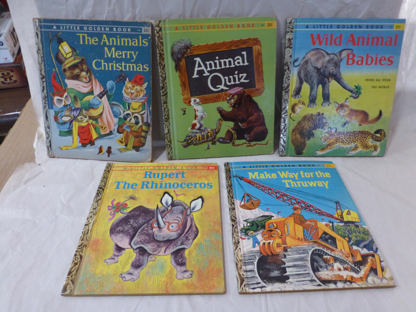 Vint Lot of 5 Little Golden Books- 1958-1961 Animal Quiz Rupert Animals Thruway