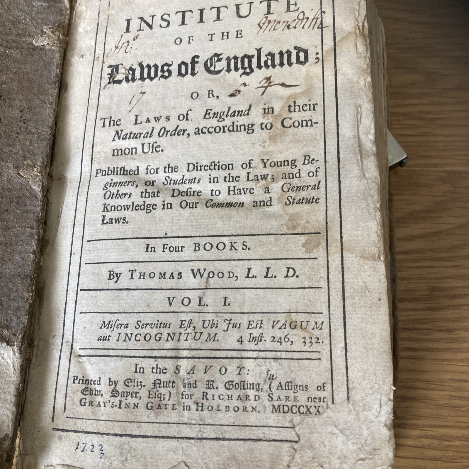 Antique 1st Edition Institute of the Laws of England vol 1 Thomas Wood Book 1720