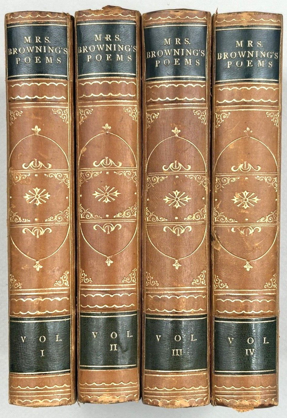 1877 Mrs. Browning’s Poems 4 Volume Set 3/4 Leather Deluxe Binding