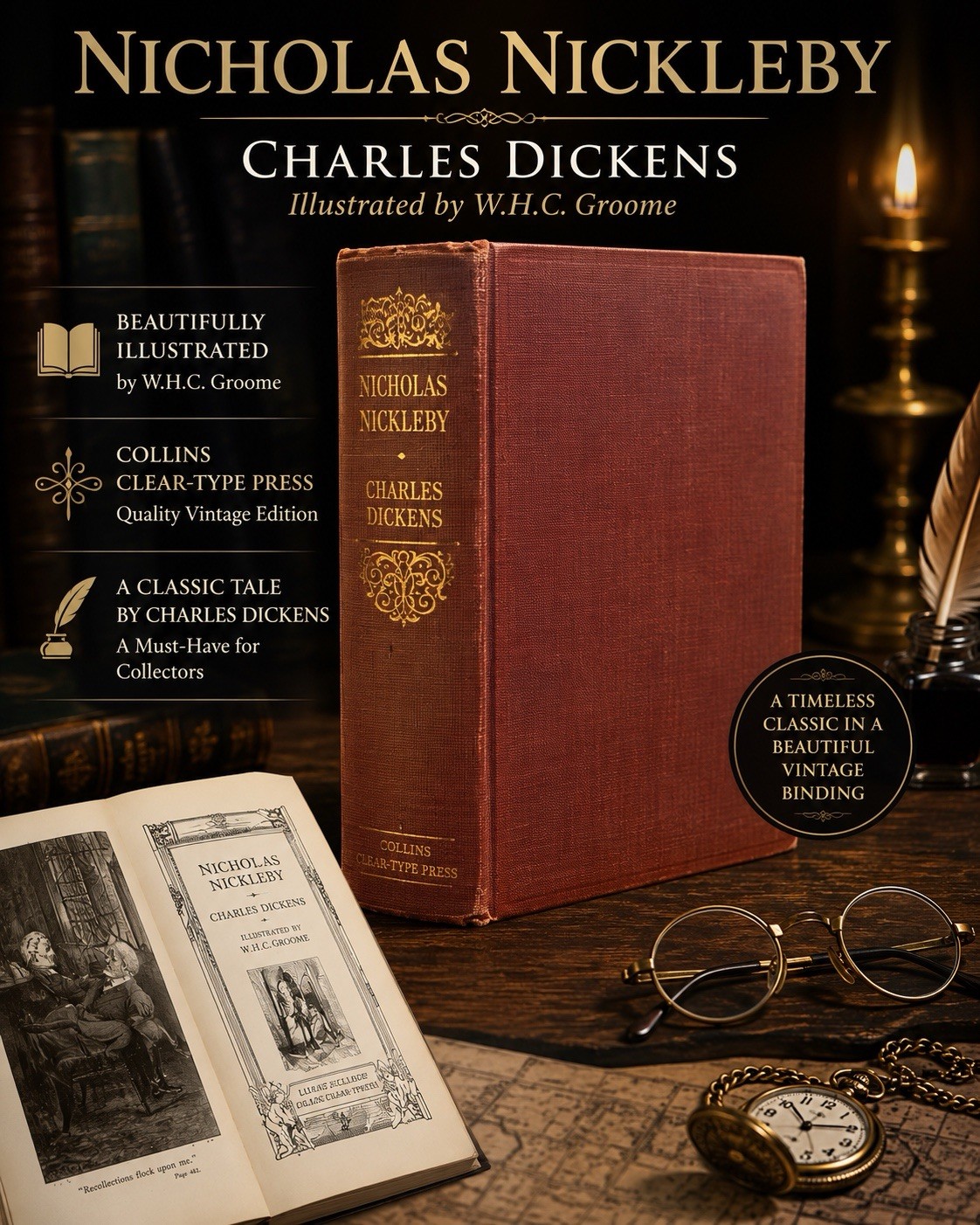 Nicholas Nickleby Charles Dickens Collins Clear-Type Press Vintage Hardback Book