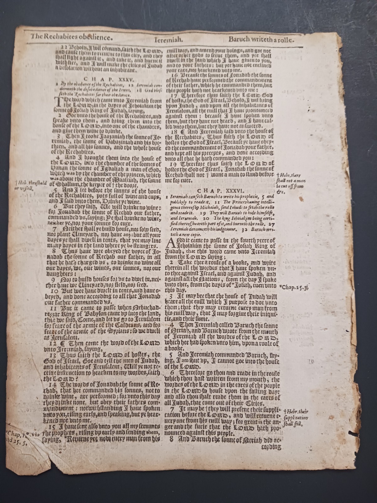Original 1614 King James Bible Leaf 109 Jeremiah 33:20 to 36:8a
