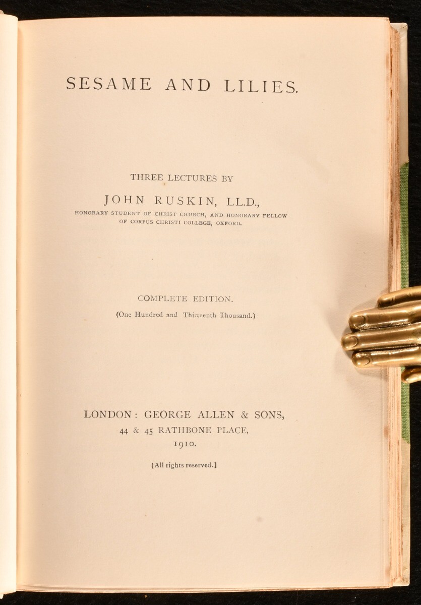 1910 Sesame and Lilies John Ruskin Half Vellum Riviere Signed Binding