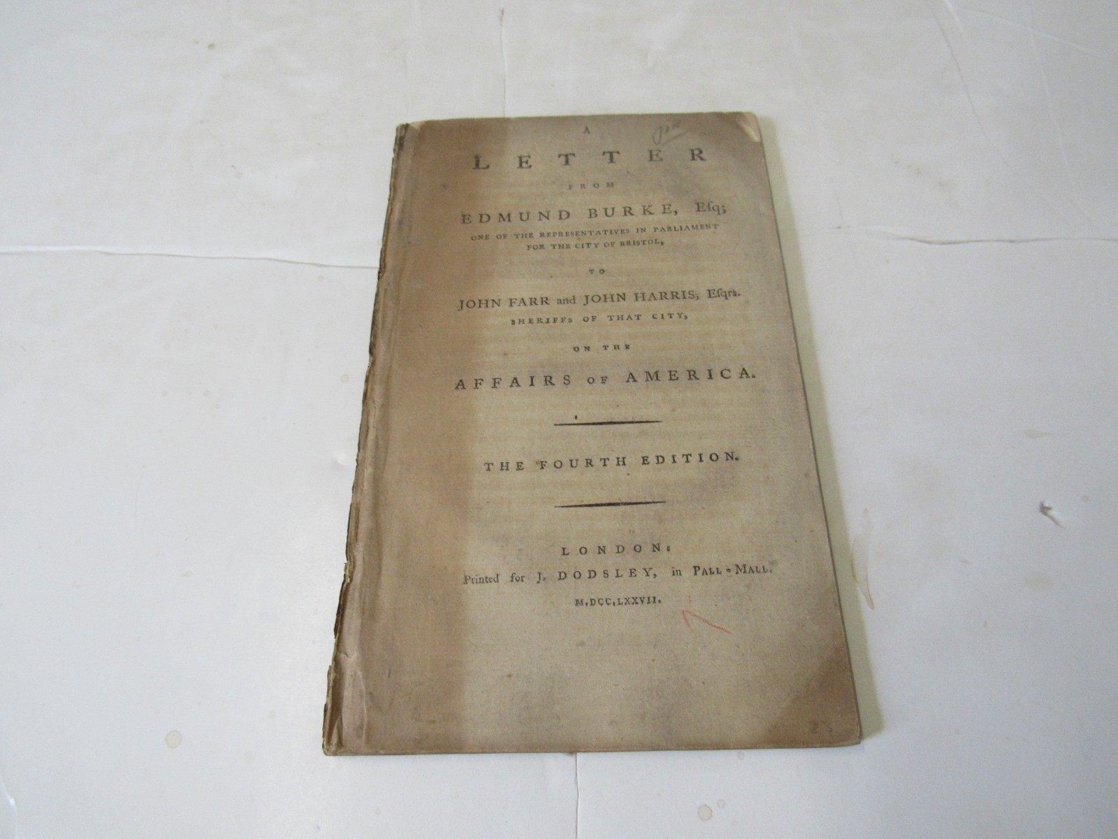 1777 Letter From Edmund Burk Representatives in Parliament Bristol