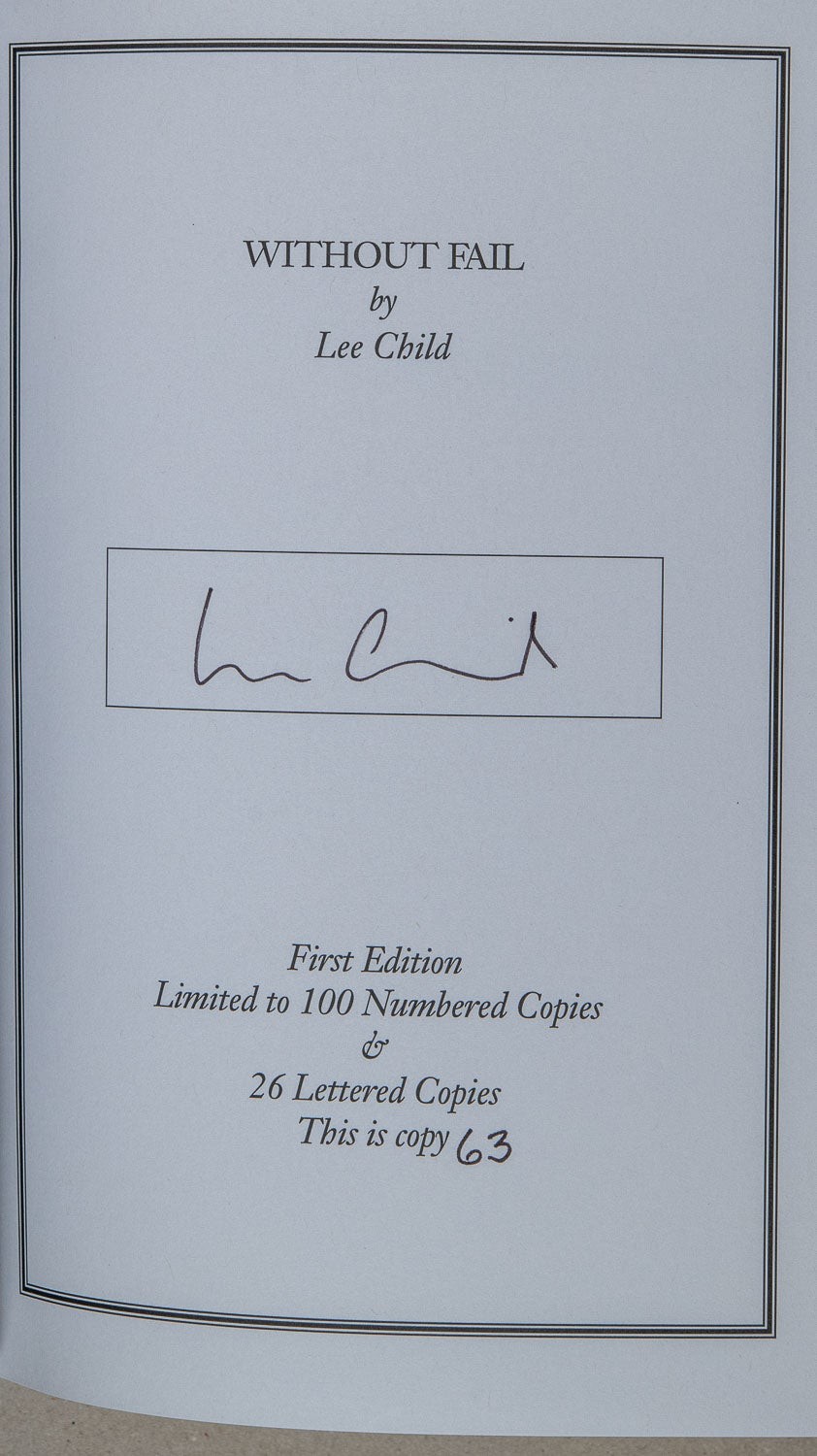 Lee Child / Without Fail Limited Edition Signed 1st Edition 2002