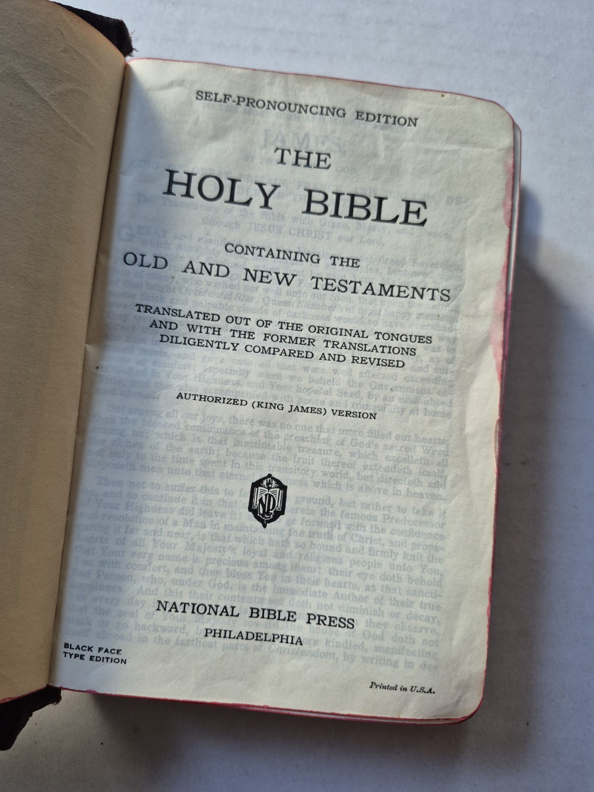 Holy Bible Self Pronouncing 1940s Black Face Type KJV National Bible Press