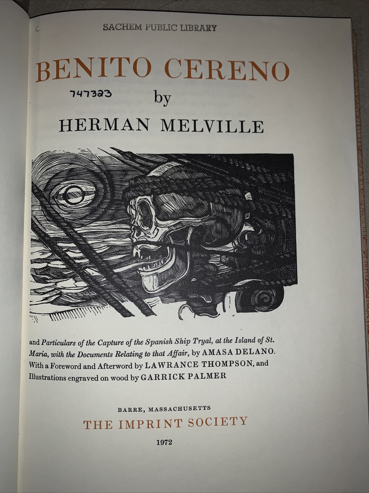 Benito Cereno by Herman Melville (1972) Numbered & signed By Garrick Palmer H/C