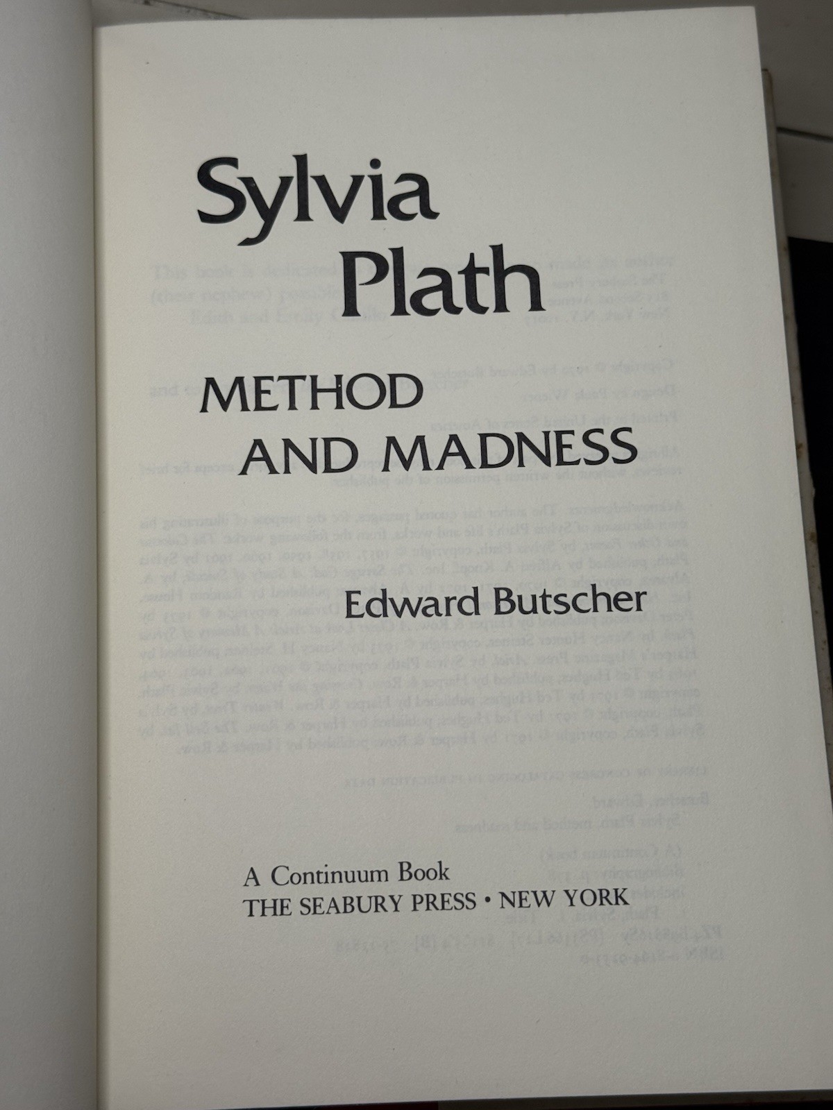 Edward BUTSCHER / Sylvia Plath Method and Madness 1st Edition 1976