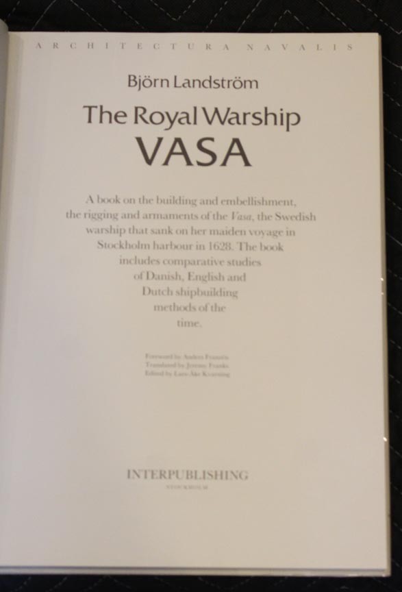 1988 The Royal Warship Vasa (Architectura Navalis), First Edition Hardbound