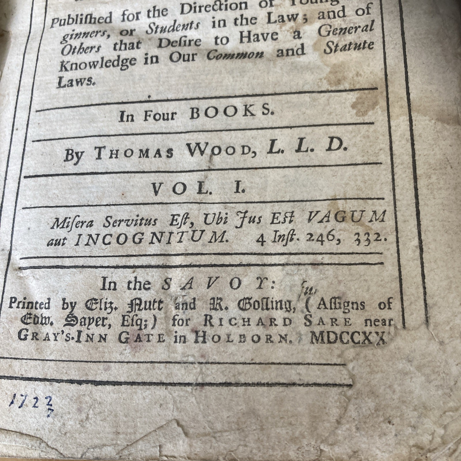 Antique 1st Edition Institute of the Laws of England vol 1 Thomas Wood Book 1720