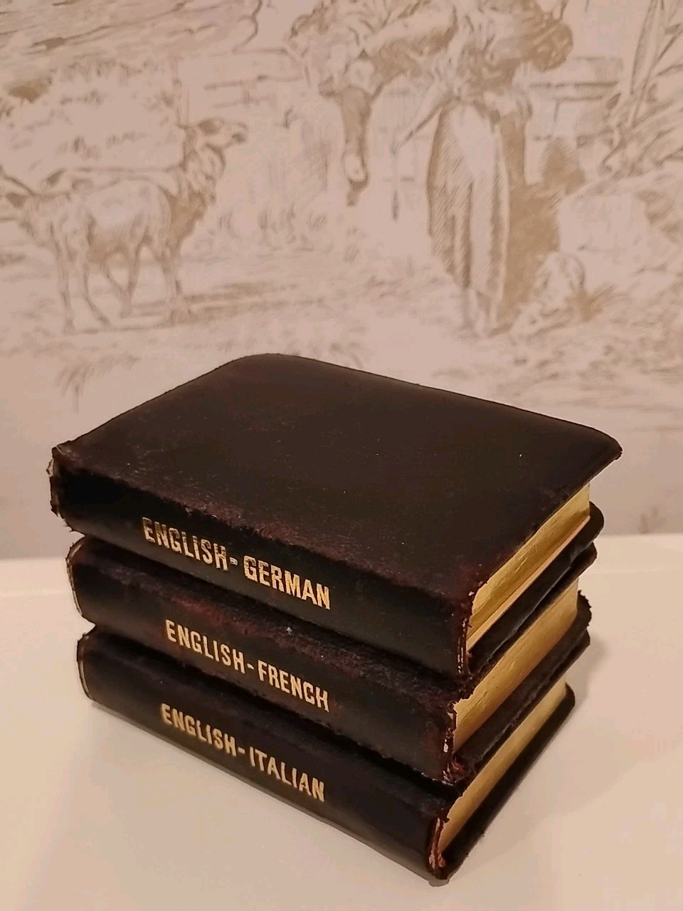 Vtg Mini Leather Travel Dictionary Italian French German Black Decor Linguist