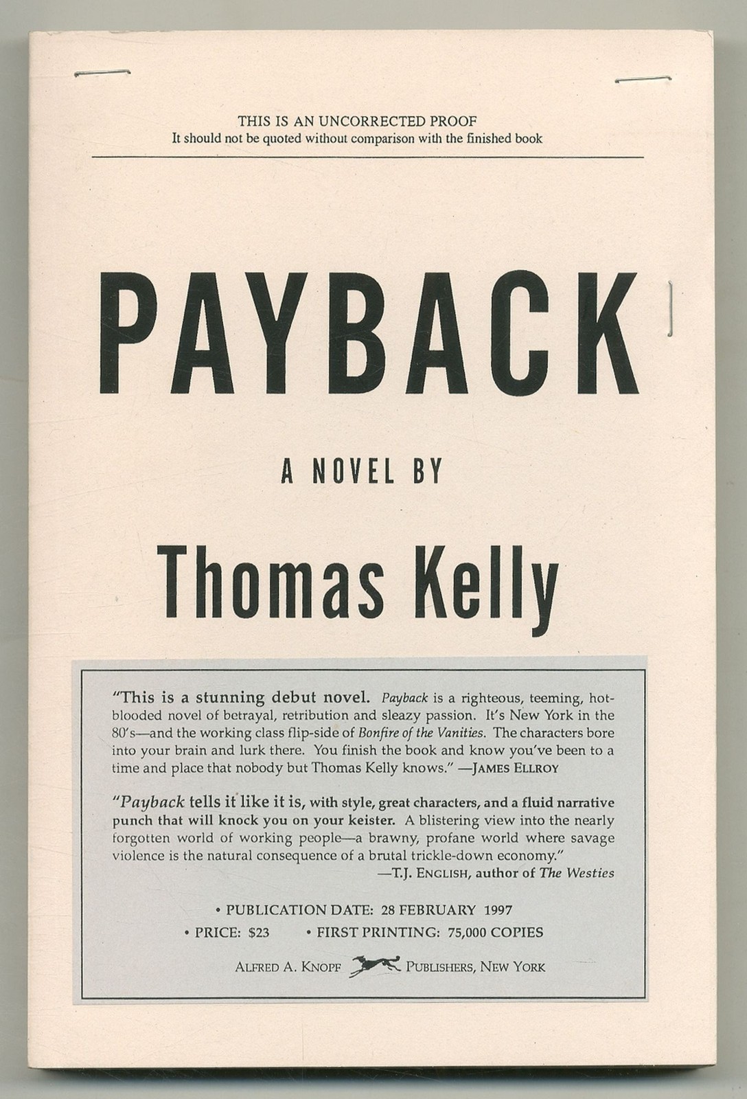 Thomas KELLY / Payback Uncorrected Proof 1st 1997