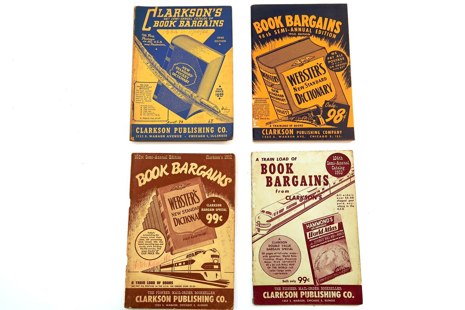 4 Vintage CLARKSON’S BOOK BARGAINS Catalogs from 1945, 1950, 1952 and 1953