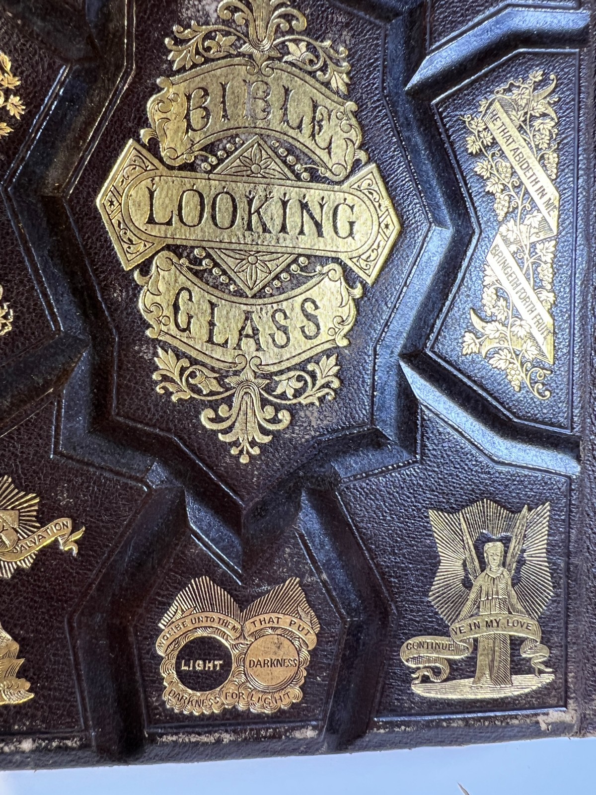 Antique 1874 Bible Looking Glass Illustrated Religious Emblems Leather Gilt AEG