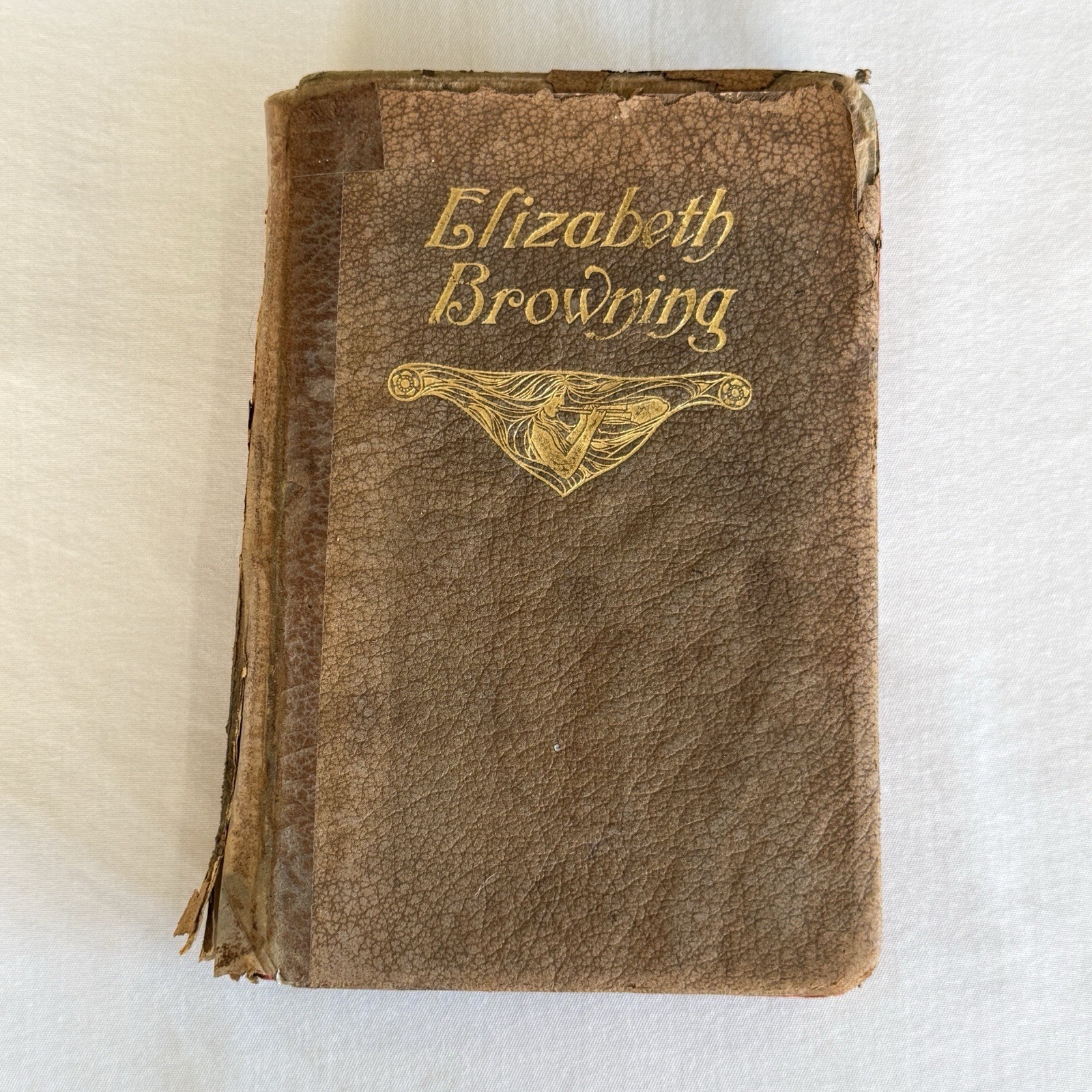 Elizabeth Barrett Browning Antique Poem Book Sueded Leather Gilt Text For Repair