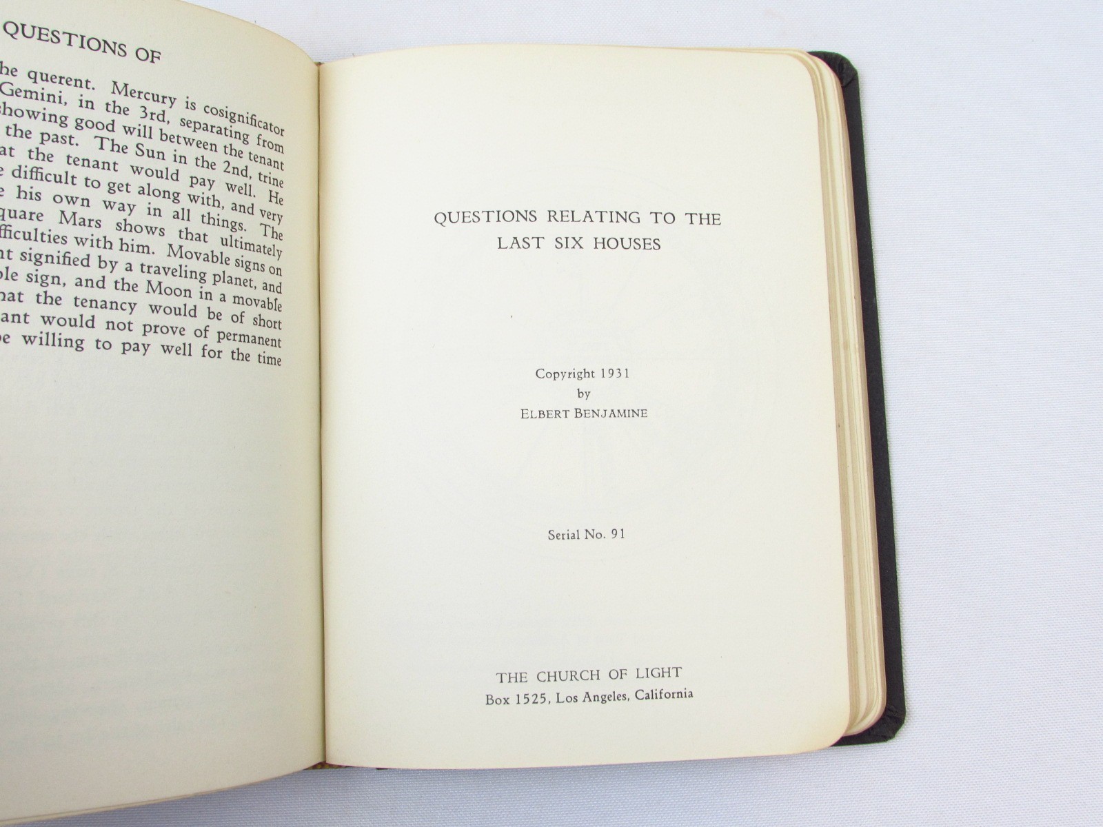 Brotherhood of Light VIII Horary Astrology C C Zain Elbert Benjamine 1930 HC