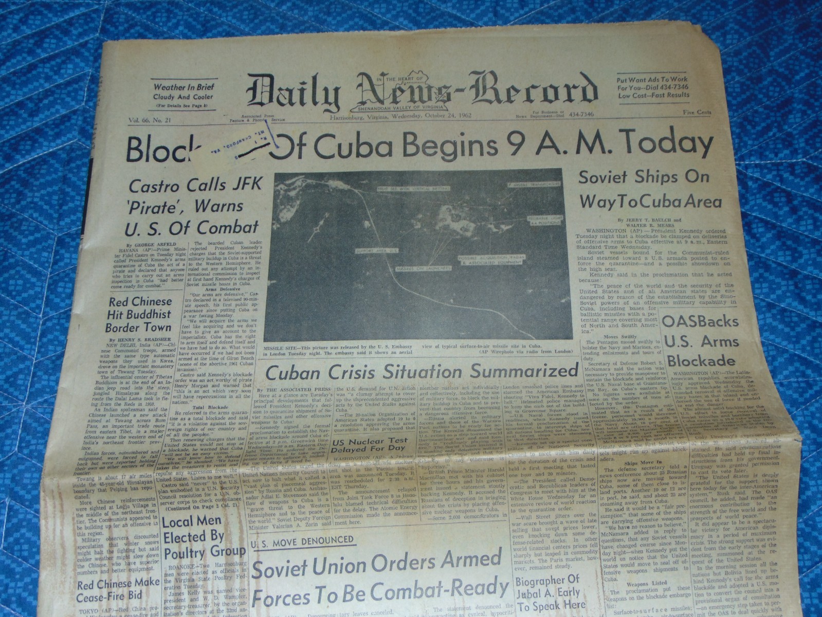 OCT 24, 1962 „DAILY NEWS-RECORD“ HARRISONBURG VA NEWSPAPER: CUBAN MISSILE CRISIS