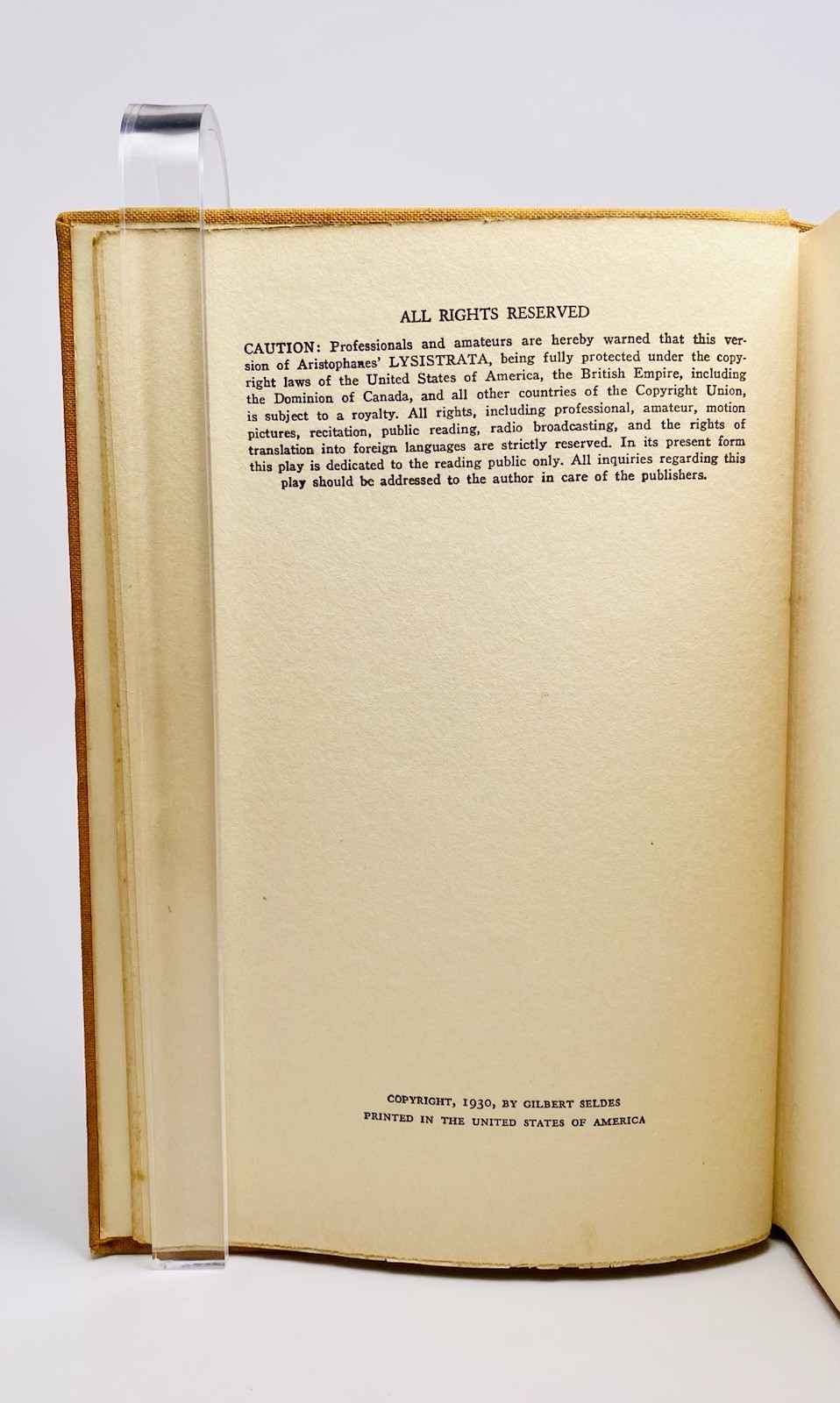 Gilbert SELDES, Aristophanes‘ LYSISTRATA, 1930, 1ST EDITION, Cloth
