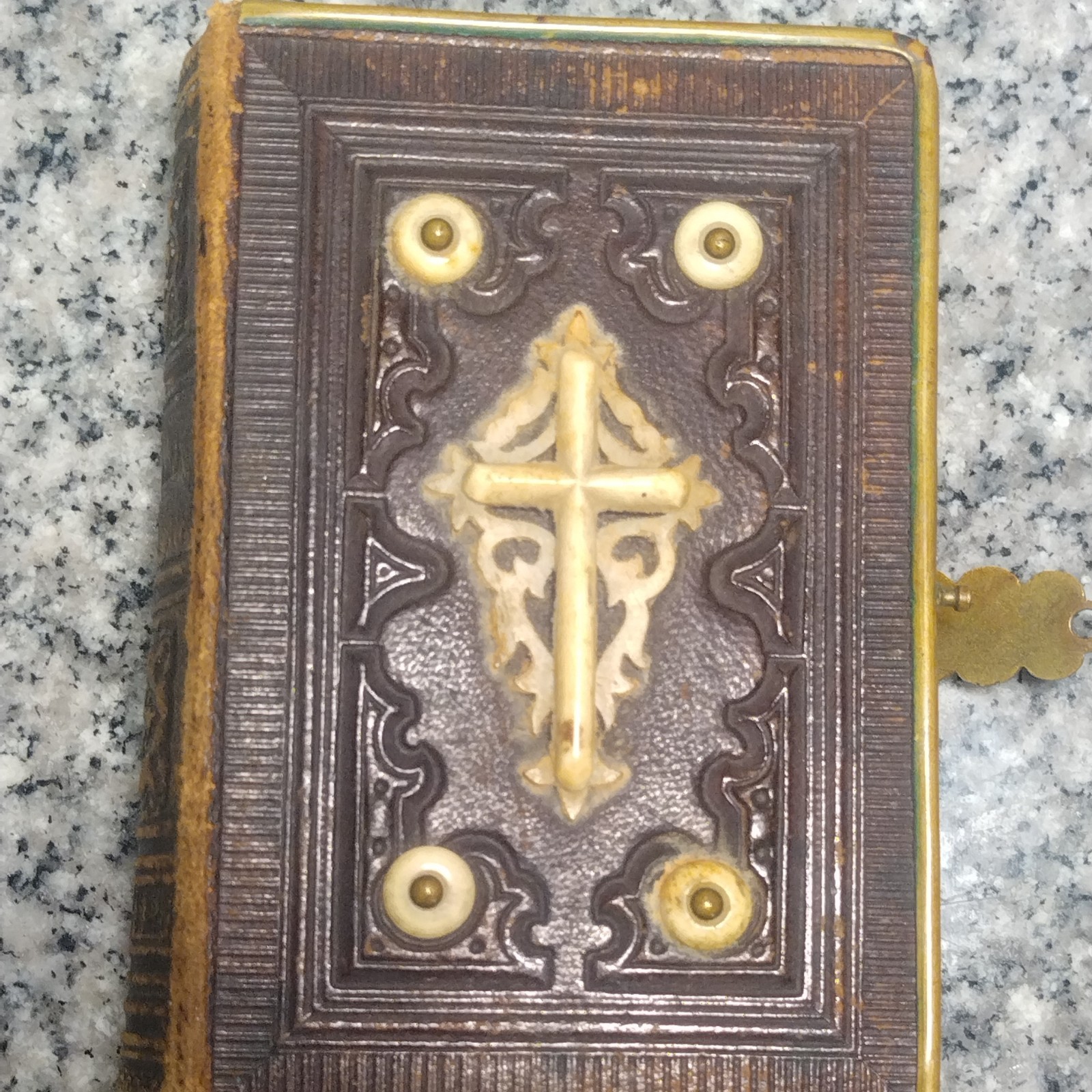 1896 Vitasek Czech Catholic Prayer Book Leather Clasp Celluloid Cross Gilt Book