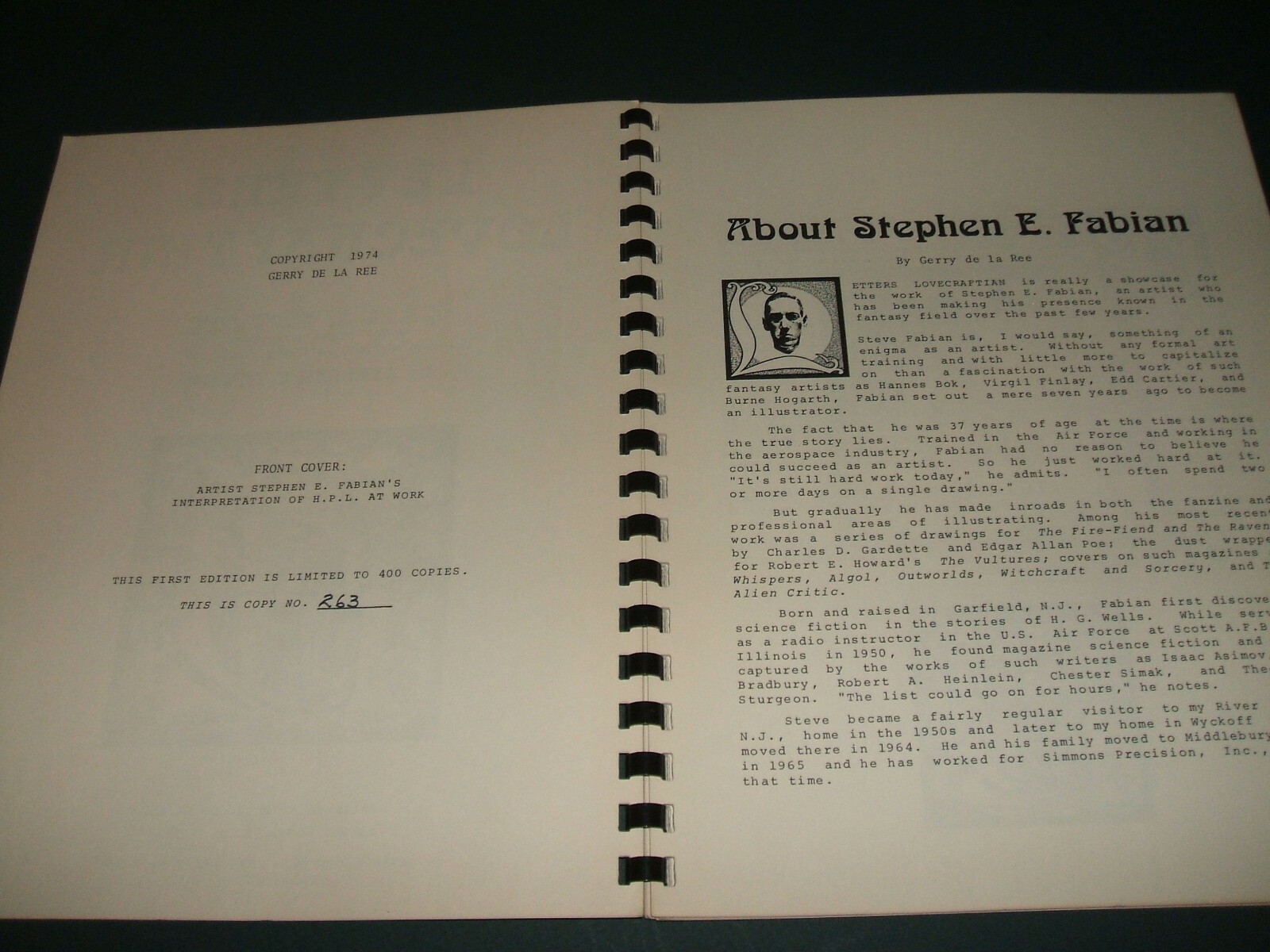 Letters Lovecraftian 1974 Stephen E. Fabian Ltd 1st ed. #263/400 Art & Lovecraft