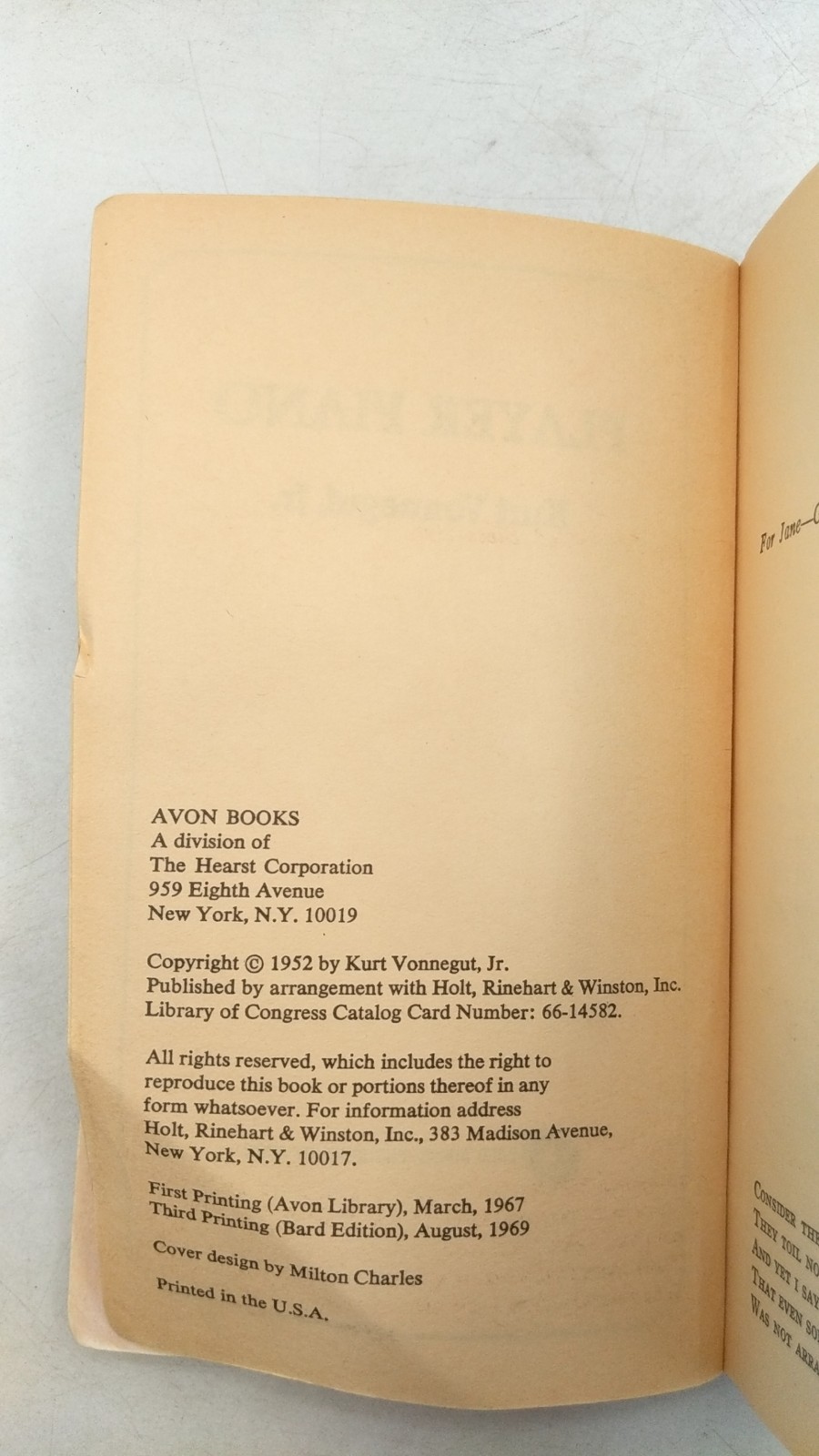 Player Piano Kurt Vonnegut, Jr. Paperback Third Printing (Bard Edition), Augu…