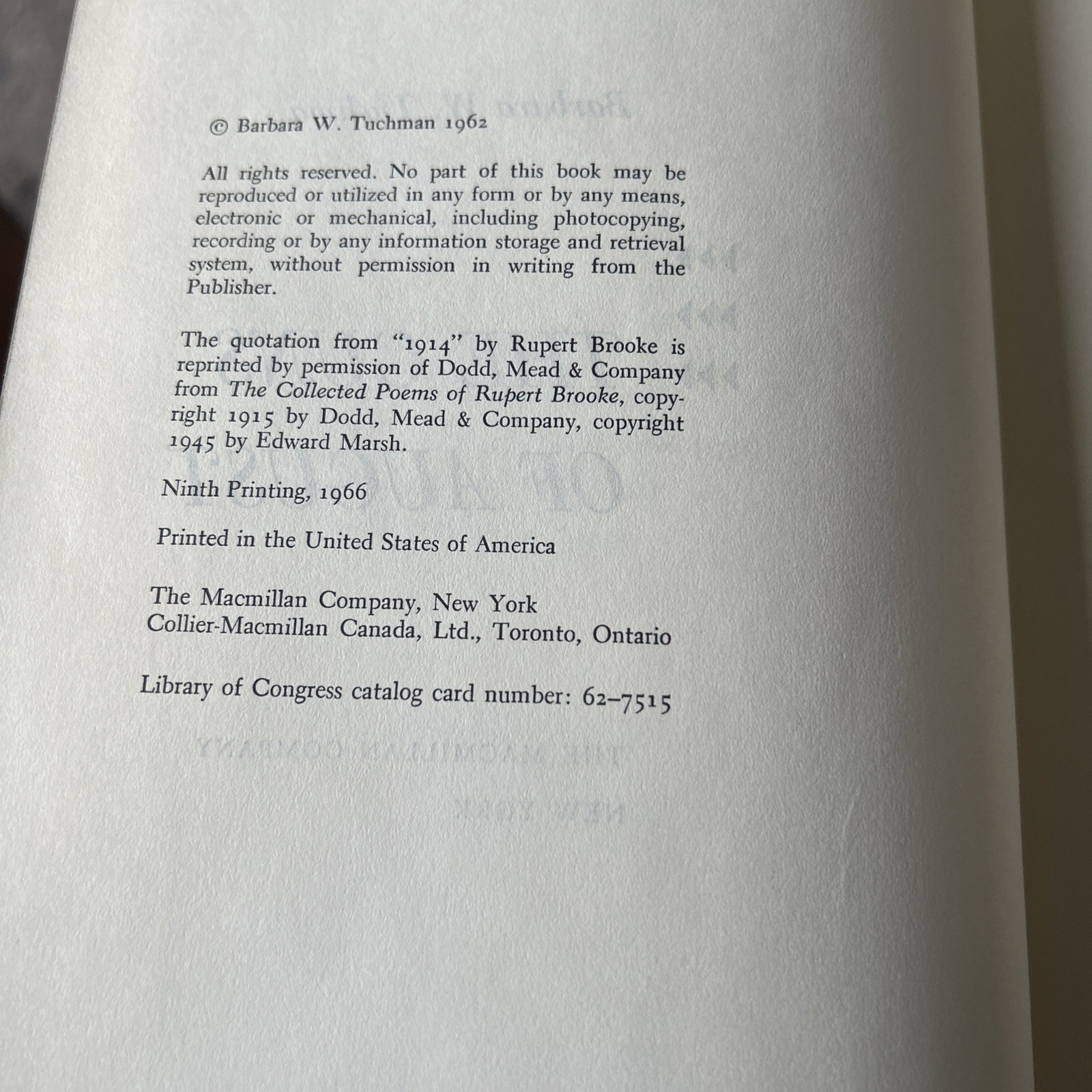 The Guns of August by Barbara W. Tuchman 9th Printing Hardcover 1966