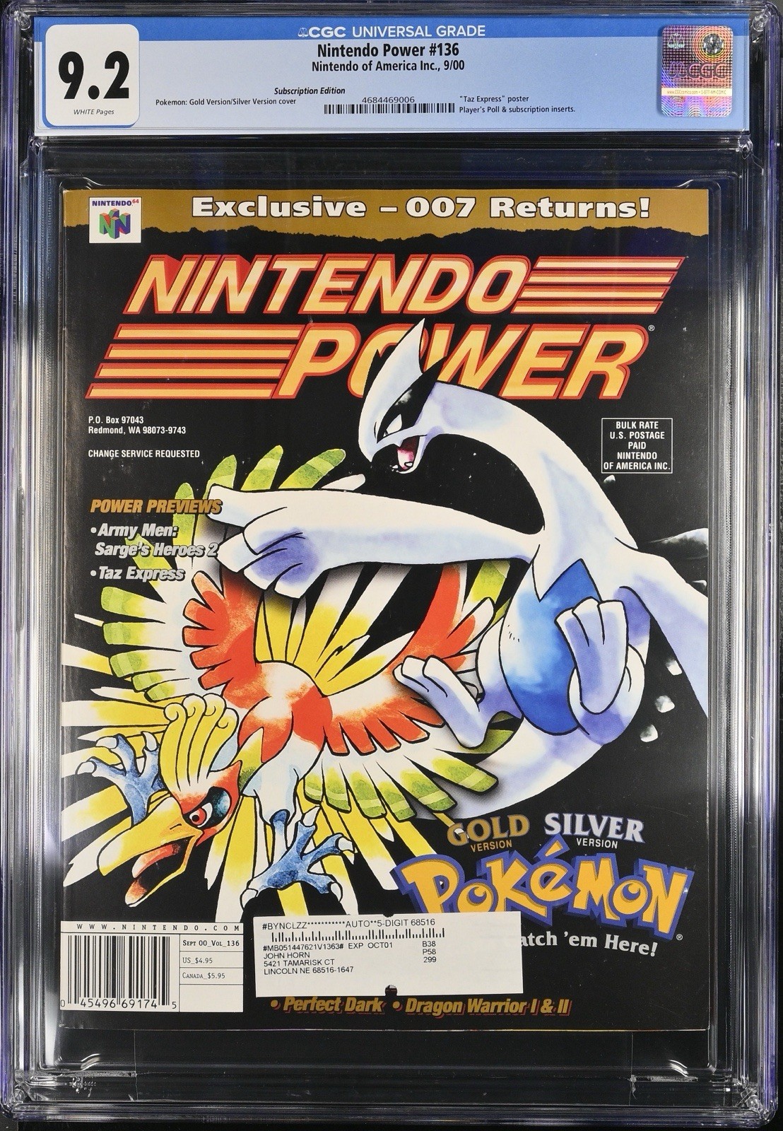 ? 9.2 CGC Nintendo Power 136 Pokémon Gold Silver Vintage LUGIA Ho-oh RARE MINT