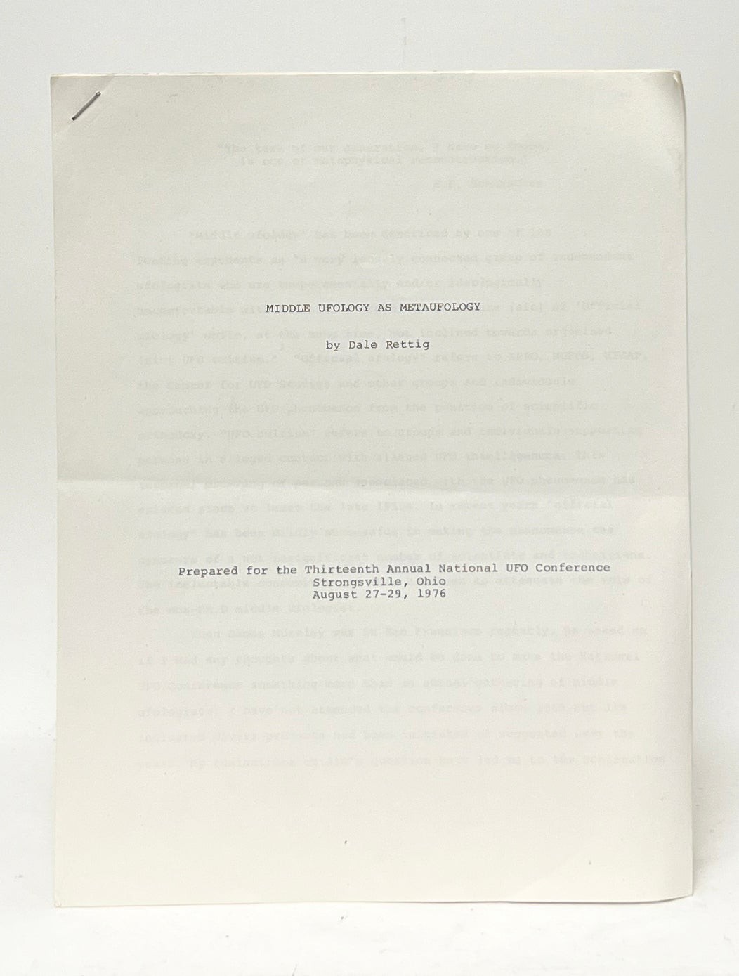 Dale Rettig / Middle Ufology as Metaufology Prepared for the Thirteenth 1st ed