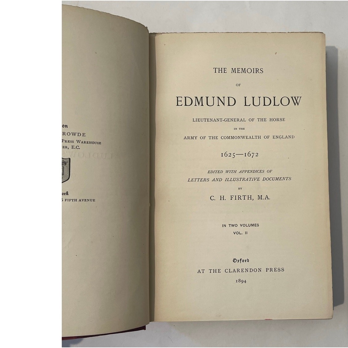 Memoirs Vol 2 1894 C.H. Firth Original Maroon Clarendon Press Edmund Ludlow