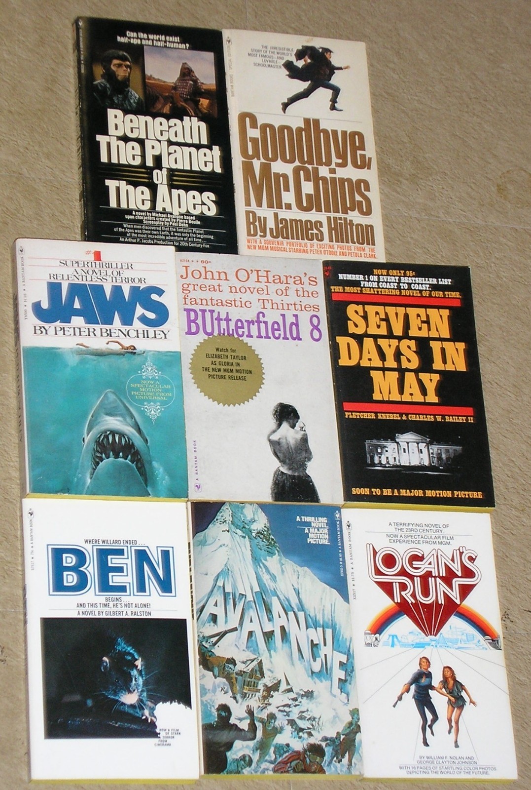 Lot of 8 MOVIE TIE-IN 1960’s-1970’s Paperbacks JAWS, BUTTERFIELD 8, LOGAN’S RUN+