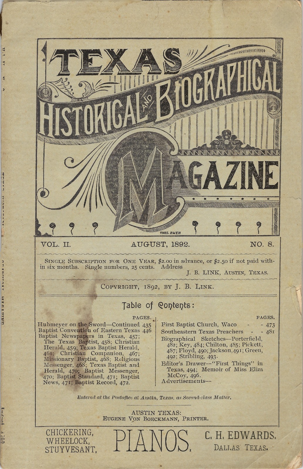 Texas Historical and Biographical Magazine – Vol.2, No. 8 (August 1892) SCARCE