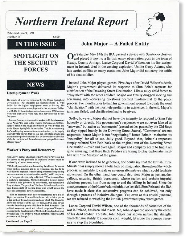 NORTHERN IRELAND REPORT no.18 (June 9, 1994) Bi-Monthly Political Newsletter