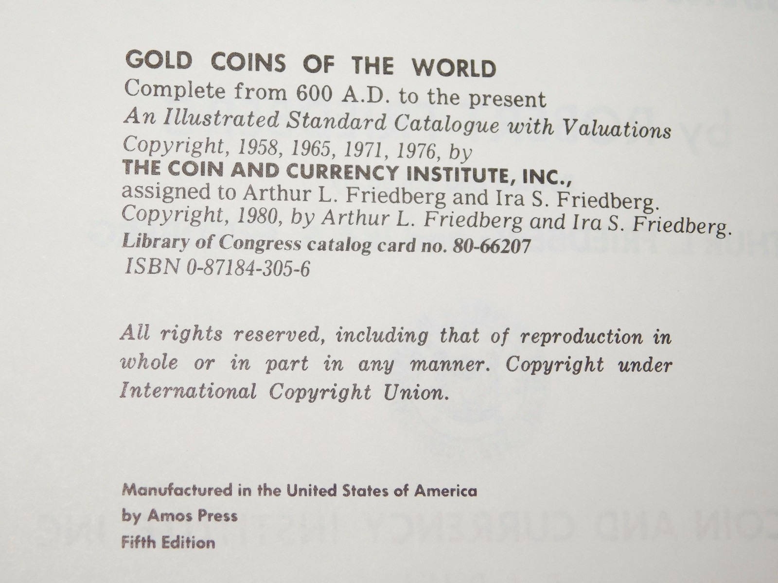 VINTAGE 1980 FRIEDBERG GOLD COINS OF THE WORLD BOOK 5th EDITION