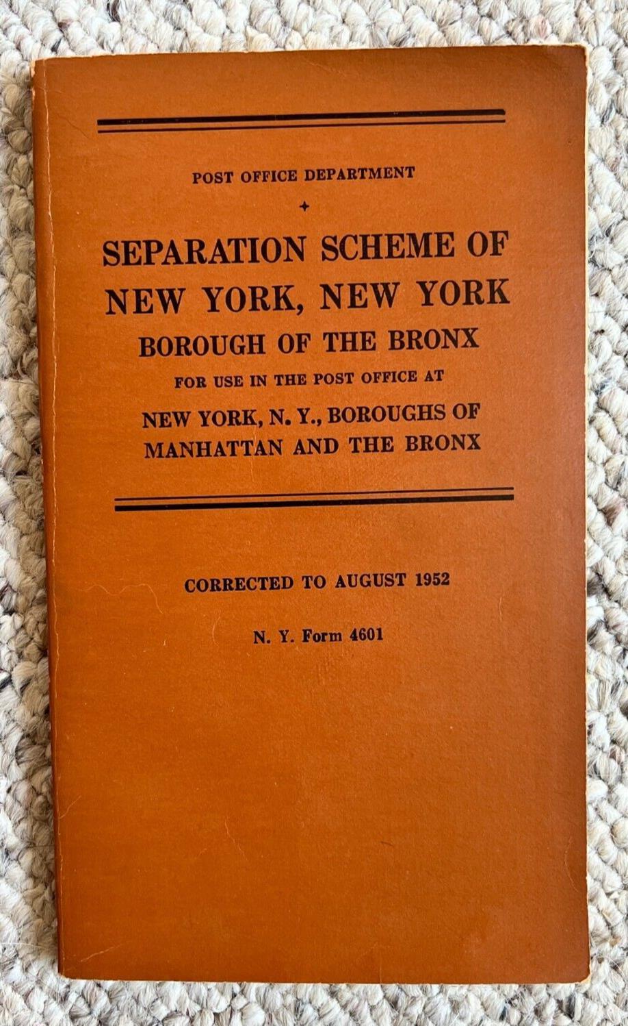 1952 Post Office Seperation Scheme Of New York, NY Borough Of The Bronx Booklet