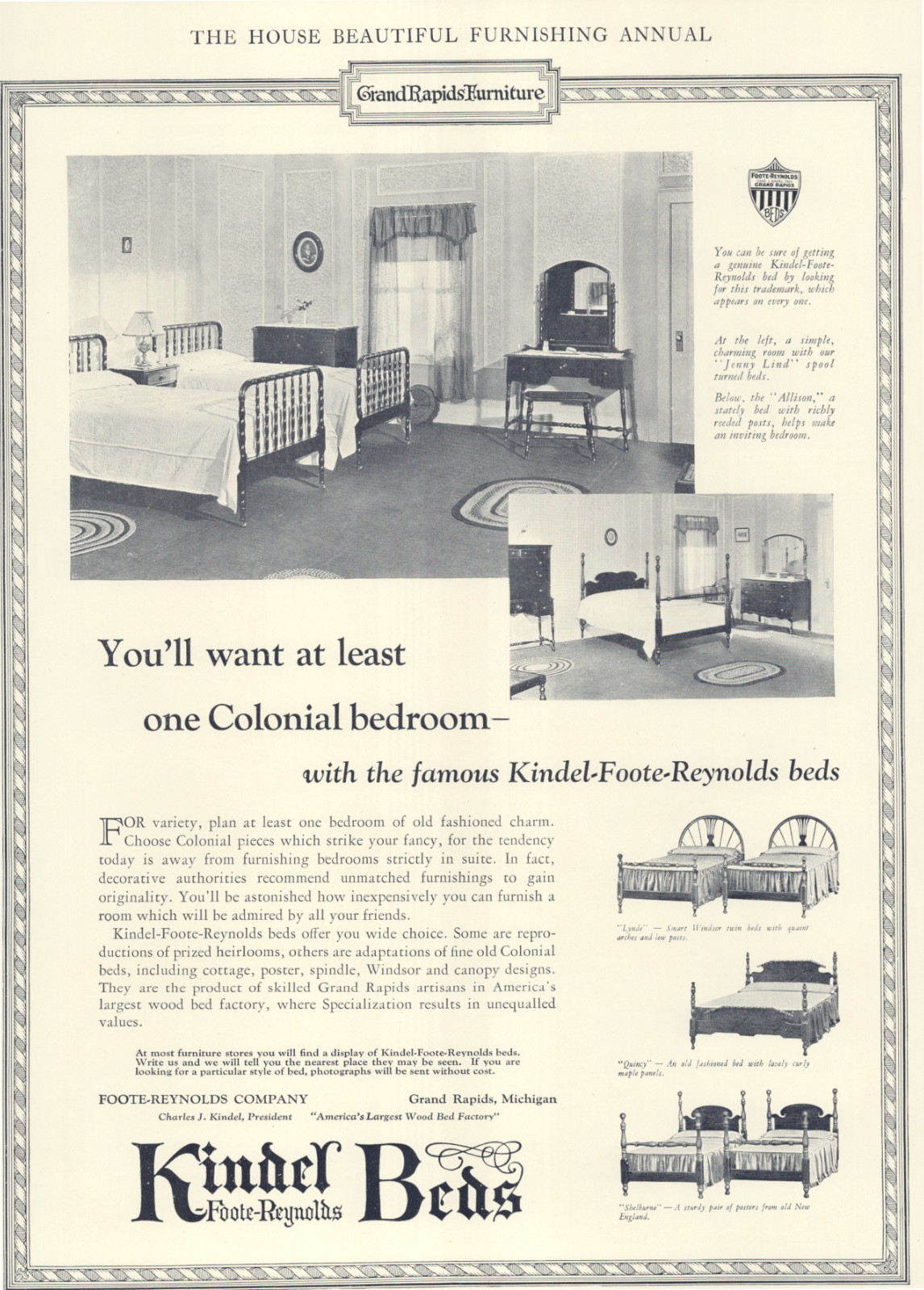 1926 Ad * Kindel-Foote-Reynolds Beds Furniture * Grand Rapids MI