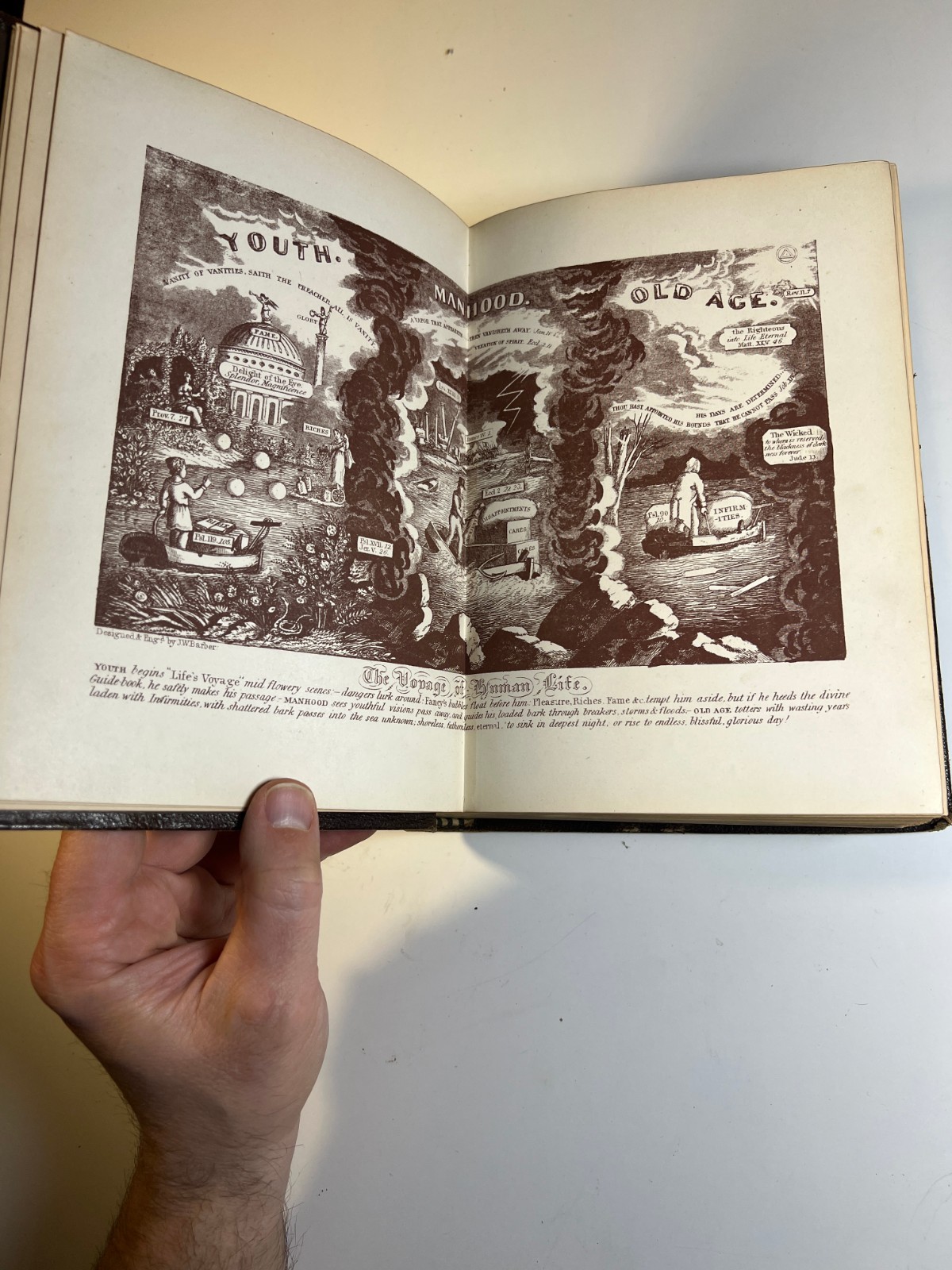 Antique 1874 Bible Looking Glass Illustrated Religious Emblems Leather Gilt AEG
