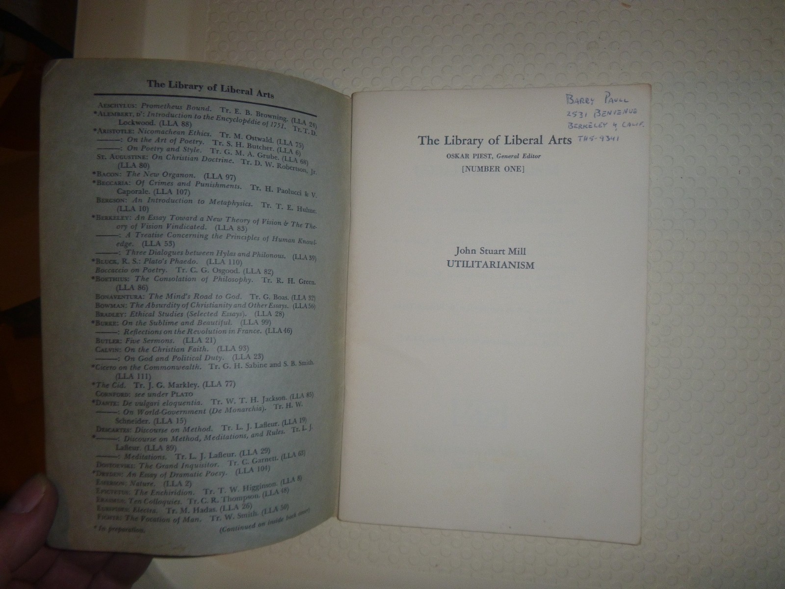 Utilitarianism by John Stuart Mill 1957 The Library of Liberal Arts