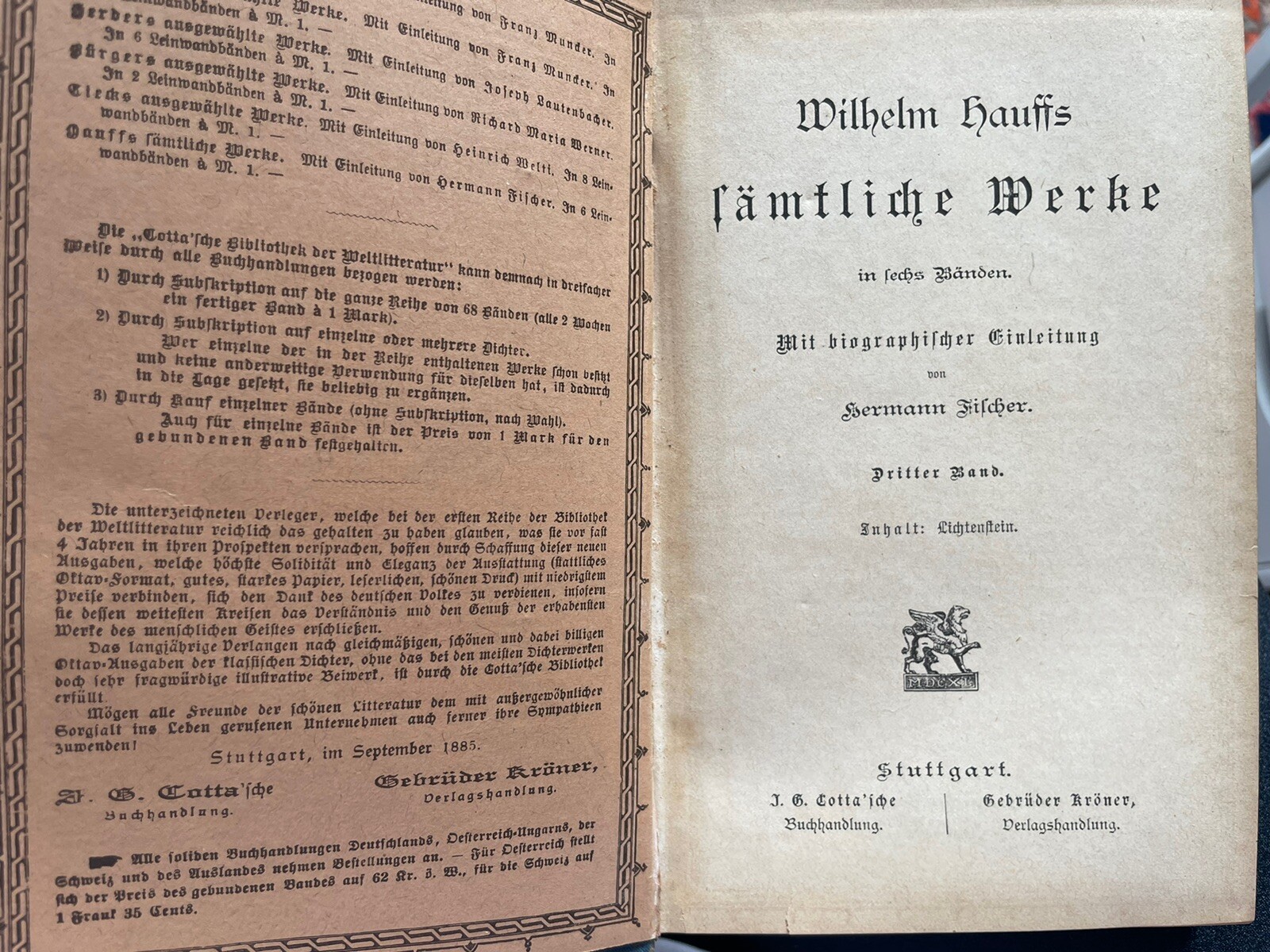 Wilhelm Hauff Lichtenstein 1880 Altdeutsch Romantik Sagen Württemberg Antik Buch