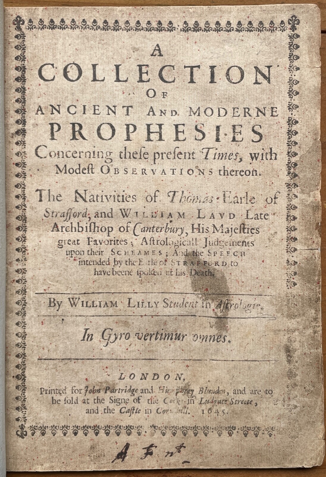 1645 – ANCIENT AND MODERN PROPHECIES – William Lilly, 1st Ed – ASTROLOGY OCCULT