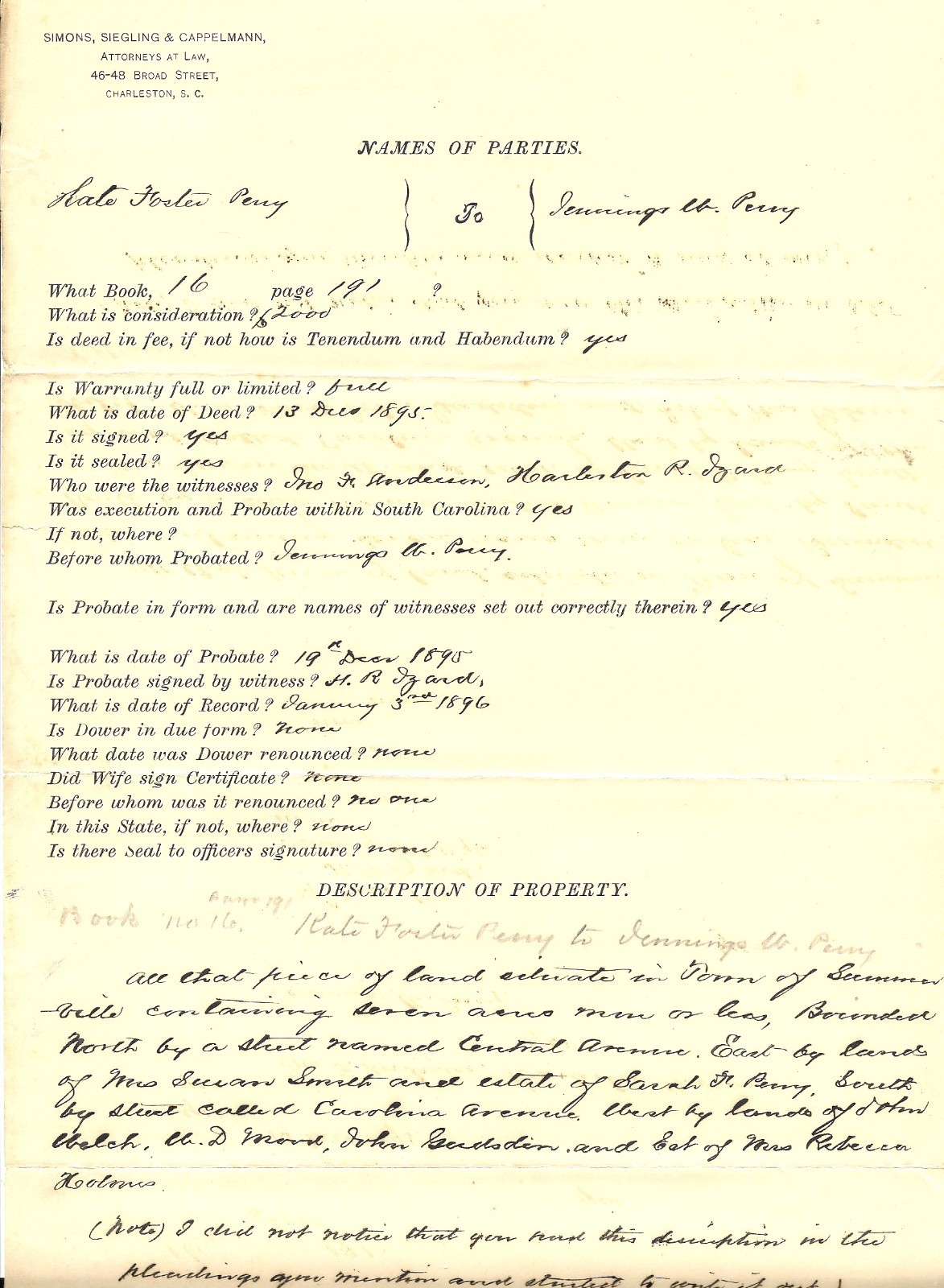 Charleston S.C. Attorneys‘ Estate Probate Form 1896