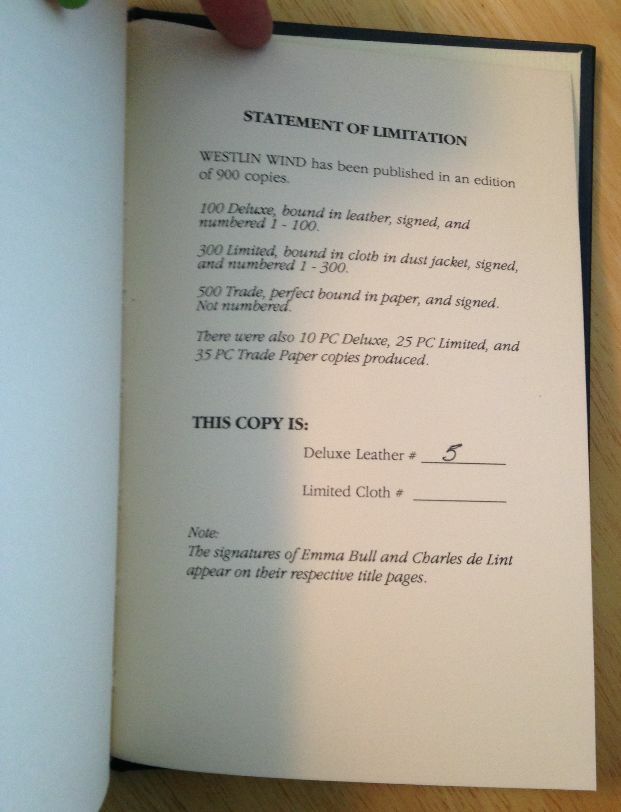 Westlin Wind Charles De Lint 1989 Axolotl Press 1st, Signed, Ltd #5/100 copies