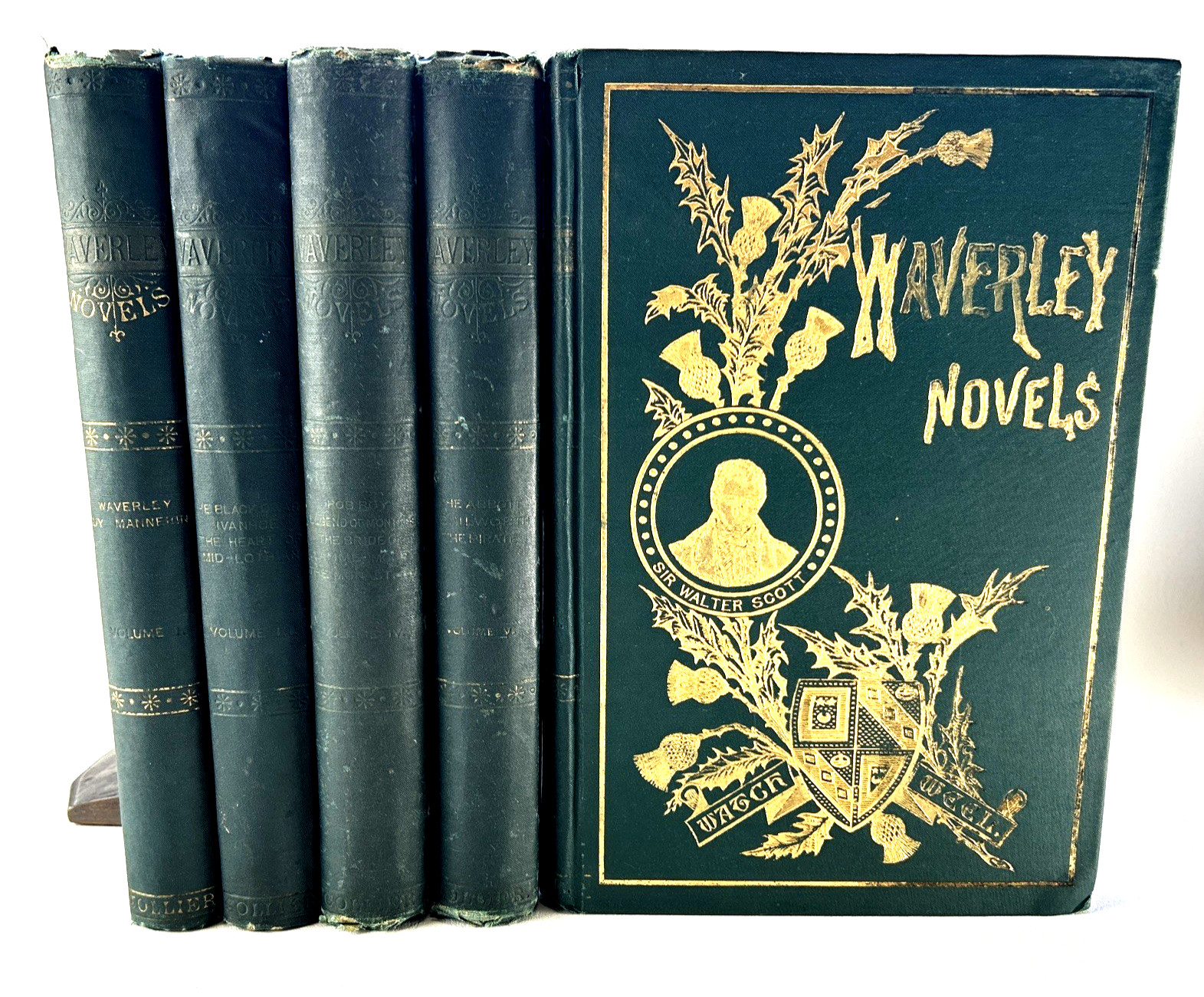 1842 SIR WALTER SCOTT WAVERLEY NOVELS – 5 Vol Set COLLIER – Green Cover Antique