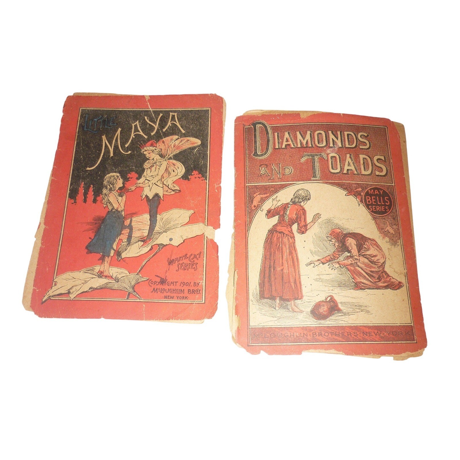 Lot of 2 Antique McLoughlin Bros Childrens Books 1901 Little Maya Diamonds Toads