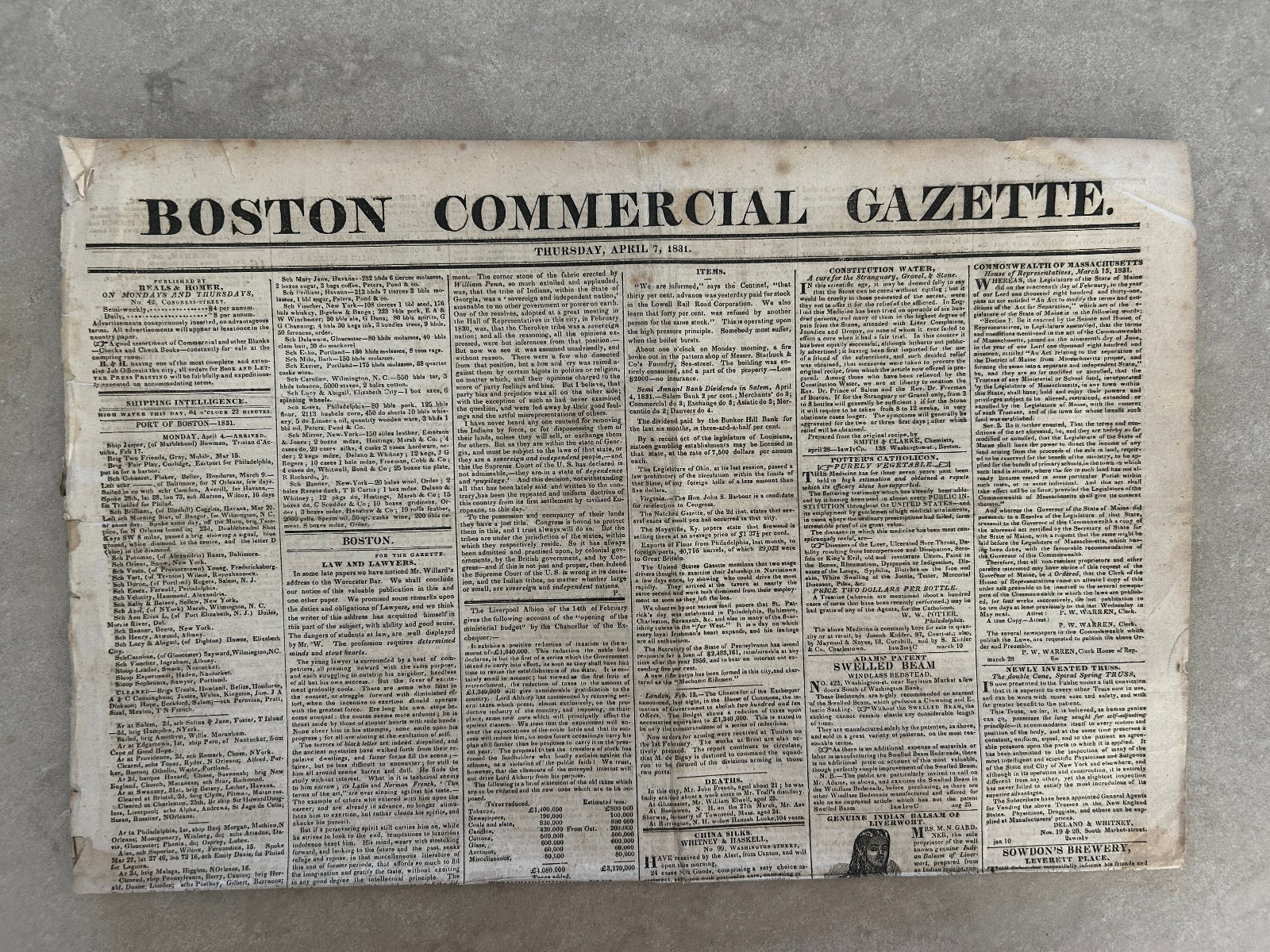 Original Antique Boston Commercial Gazette Thursday, April 7th, 1831