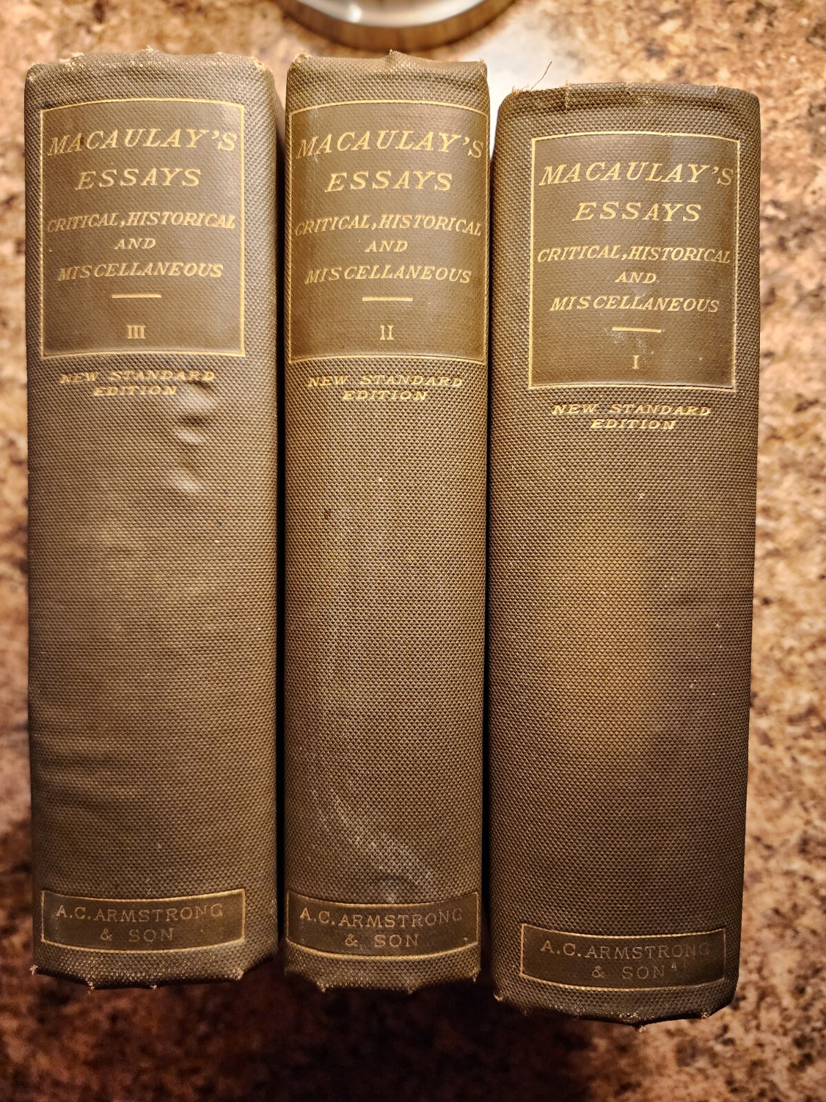 Antique books Macaulay’s Essays Volume One, Two and Three. Published 1893